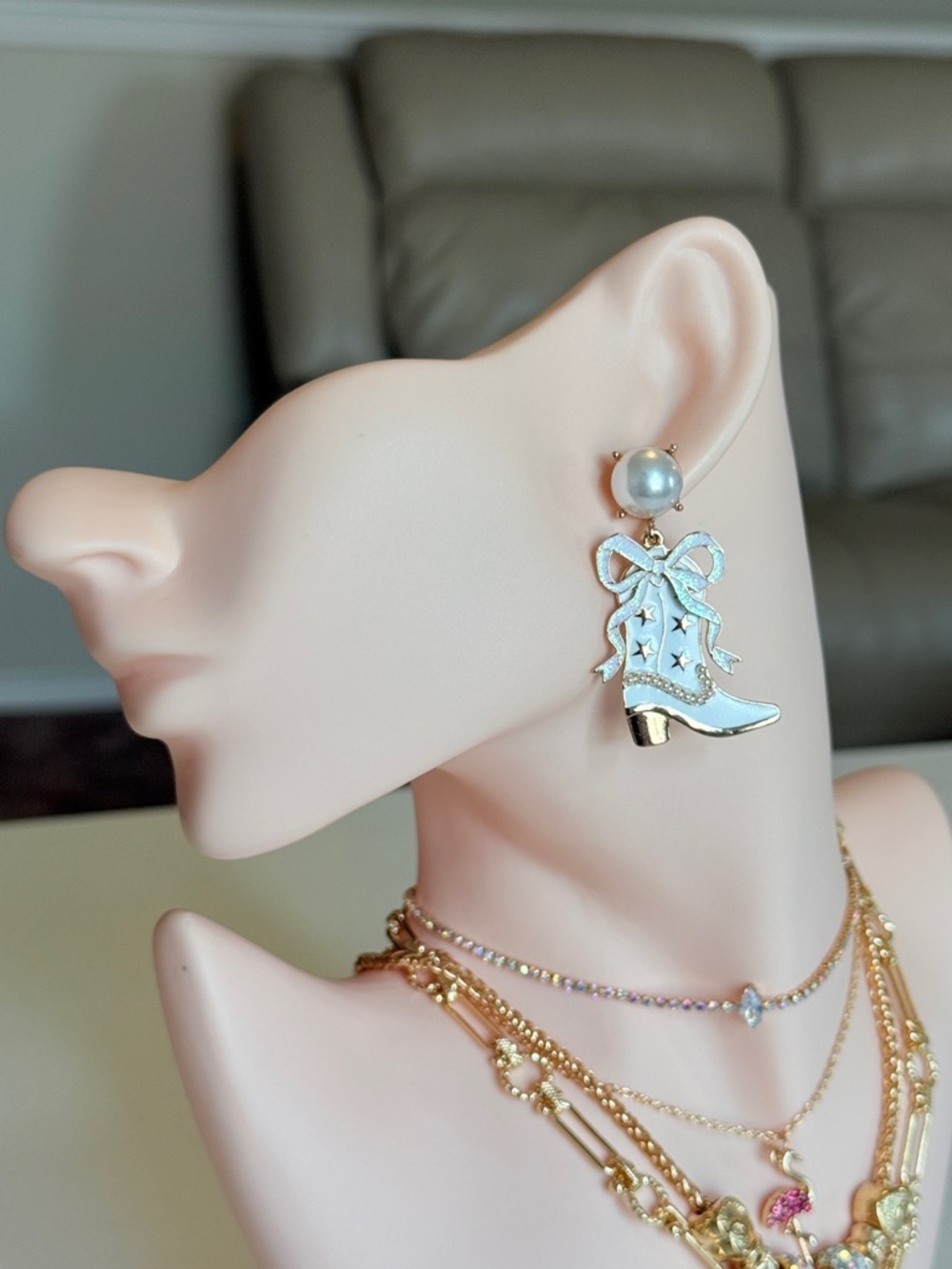 Pearl Top Blue Cowboy Boot Drop Earrings - Women Jewelry - Picture 3 of 13